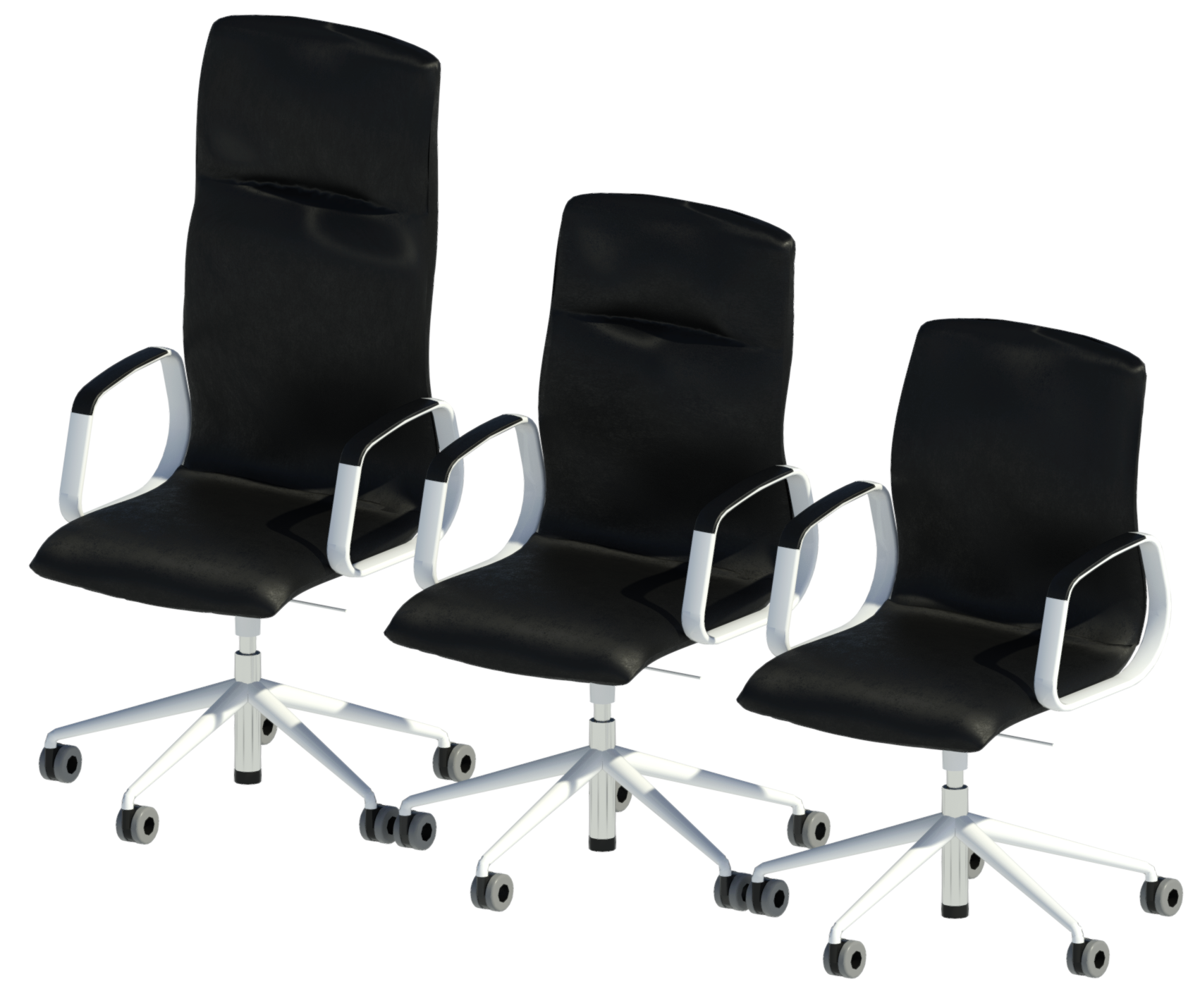 Revit render of 3 chairs depicting standard, medium and high heights of backrests for the Decide range.